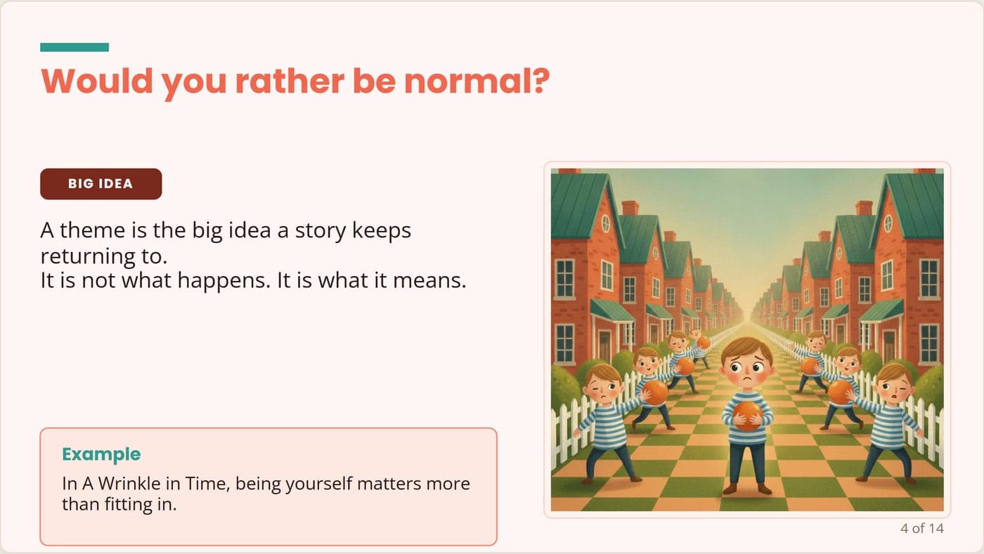 An English concept slide: 'A theme is the big idea a story keeps returning to', beside an illustration of one child standing still in a street of children all mid-throw.