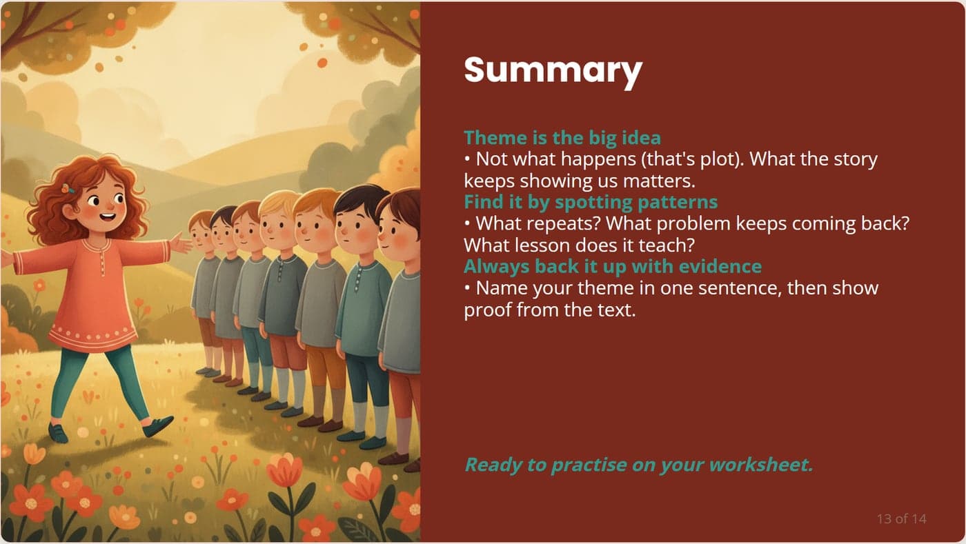 A summary slide recapping the theme beside an illustration of a child stepping out from a line of others.