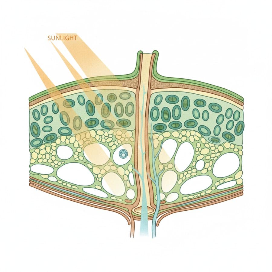 A labelled cross-section of a leaf showing the cuticle, palisade and spongy layers, chloroplasts and a vein, with sunlight angled in.