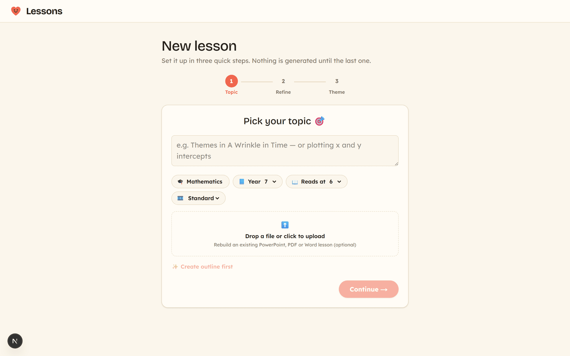 The New lesson screen: a topic box, subject, year level and reading level, and a rebuild-from-a-file uploader.