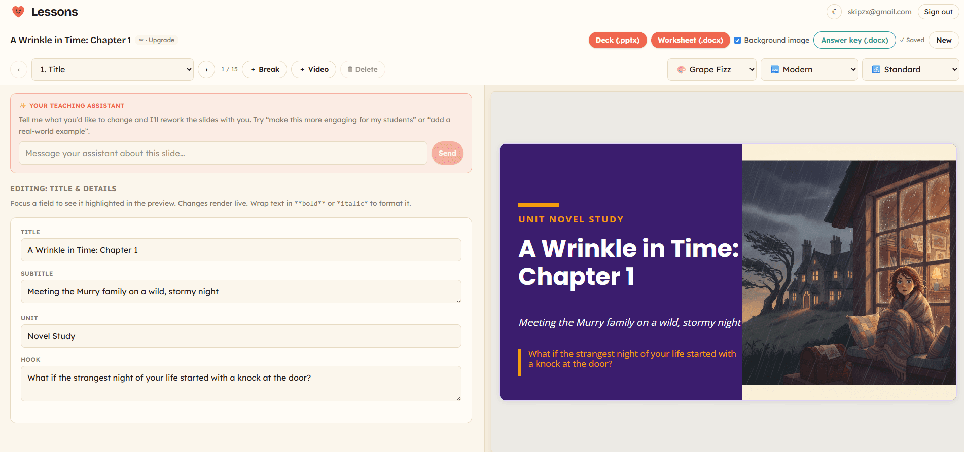 The Lesson Builder editor: a teaching-assistant chat and editable title fields on the left, a live preview of a purple ‘A Wrinkle in Time’ title slide with a stormy illustration on the right.