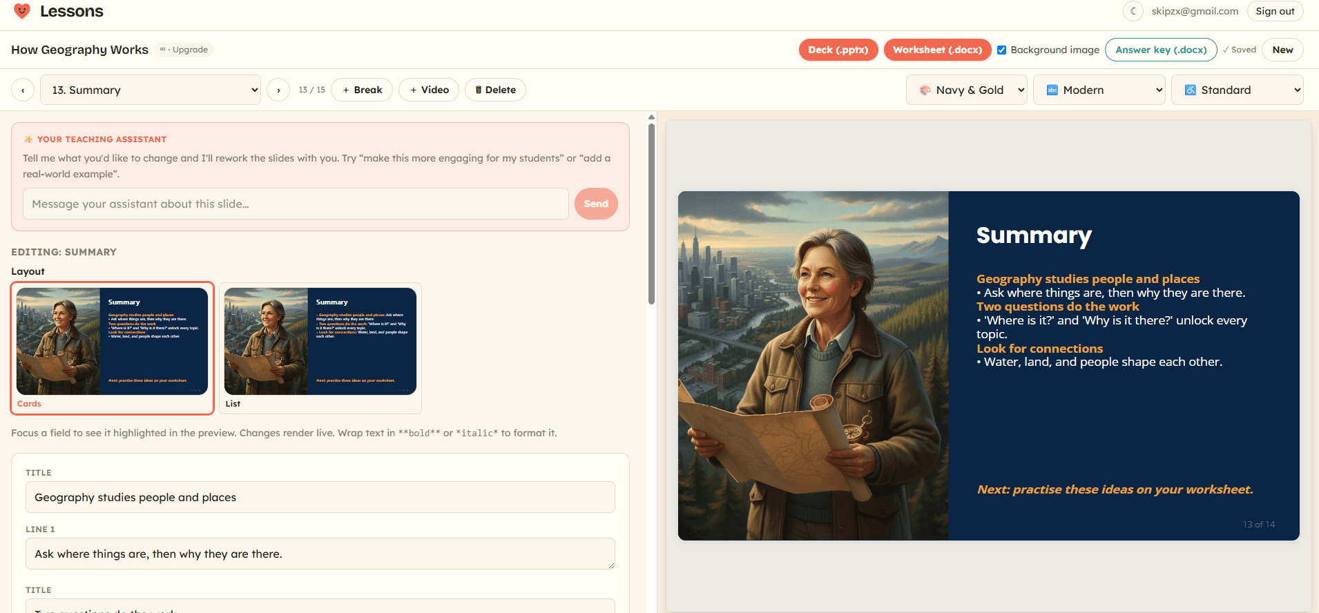 Choosing a slide layout in the editor — Cards or List — beside a live preview of a navy-and-gold summary slide with an explorer illustration.